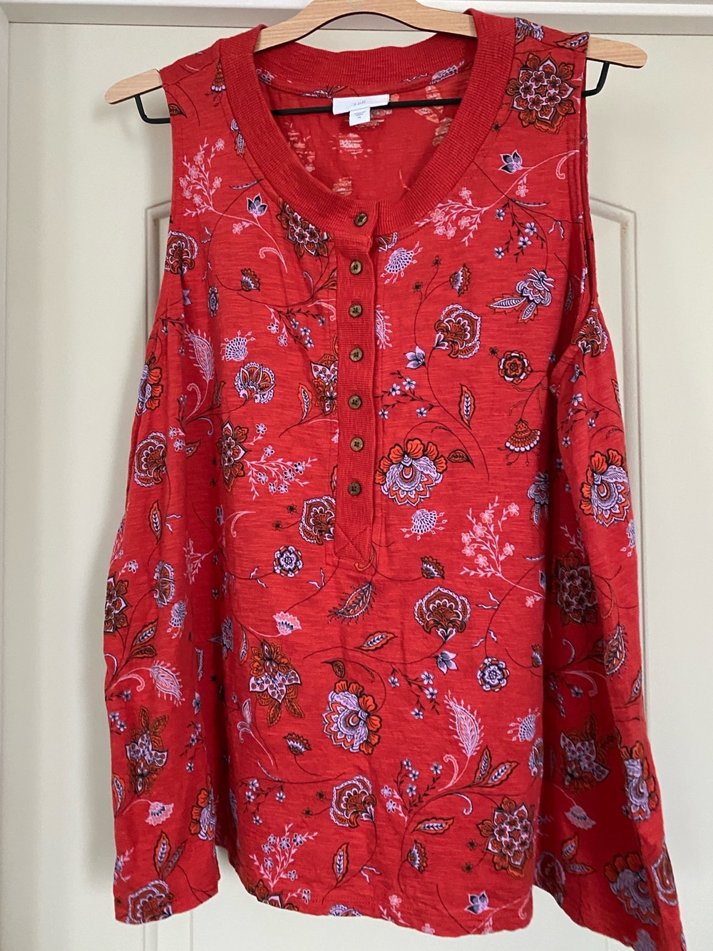 J JILL Red Floral Paisley Print Cotton Modal Sleeveless Henley Top Women's XL